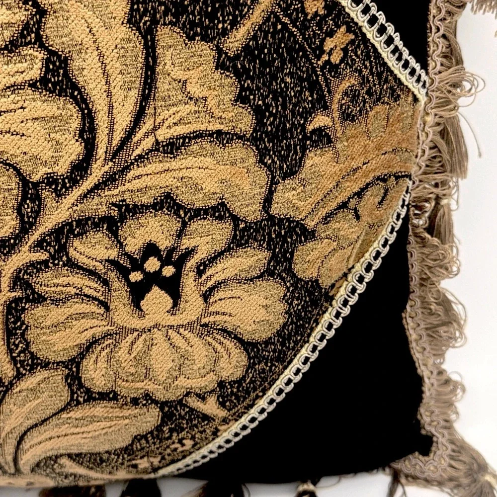 VTG Black Gold Tapestry Velvet Throw Pillow Damask Floral Tassel Trim